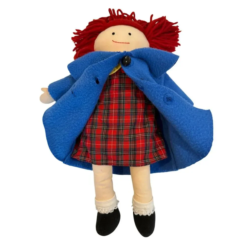 Vintage 1994 Eden Madeline Rag Doll 15” Blue Coat Red Plaid Dress